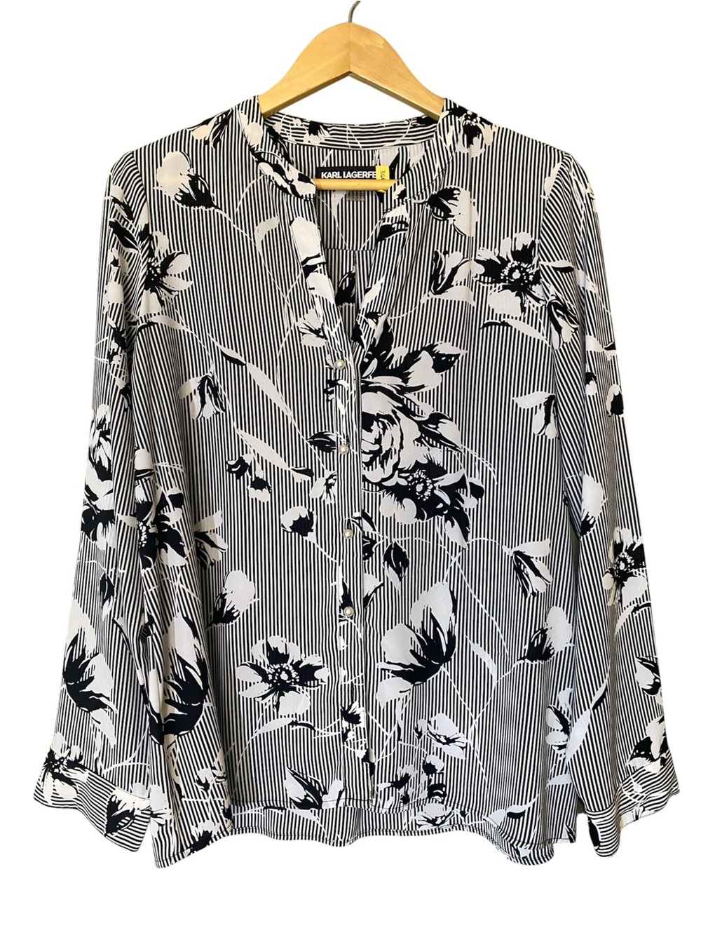 Karl Lagerfeld Black & White Floral Stripe Button-Front Blouse
